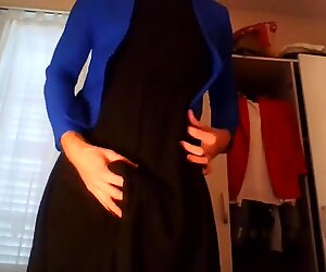Secretary teasing in red hot trench bllue blazer black dress
