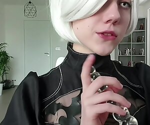 Nier: 2B covered with milk barely wanks - teen cosplay bust