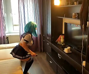 anime college girl having fun after college with a fuck stick and a real dick