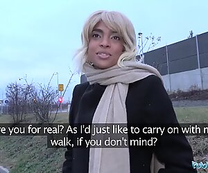 Public Agent Ebony with sexy body blonde hair shaved pussy