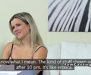 Blonde lesbian amateur eats female agent on casting