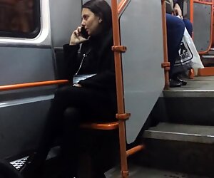 Hot MILF in black pantyhose in late tram