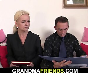 Old skinny blonde granny double penetration