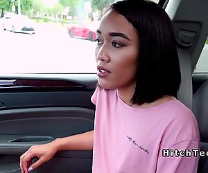 Small tits Asian teen bangs big dick in car