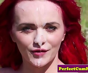 Bigtitted british bird sucks for cum outdoors