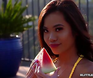 Stud carries Vina Sky and she slobbers his big cock while eating her Asian cooch