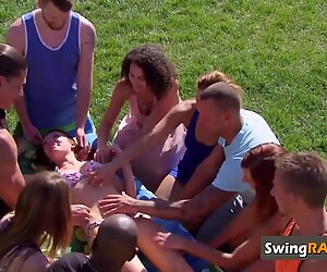 Hot wife gets a bunch of hands all over at foreplay activity
