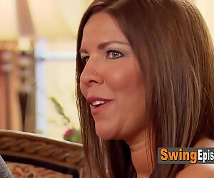 Amateur swinger couple overcomes their insecurity moment with an exiting orgy in the red room.