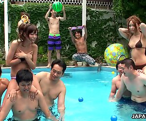 Skinny ass Asian sluts are having fun by the pool